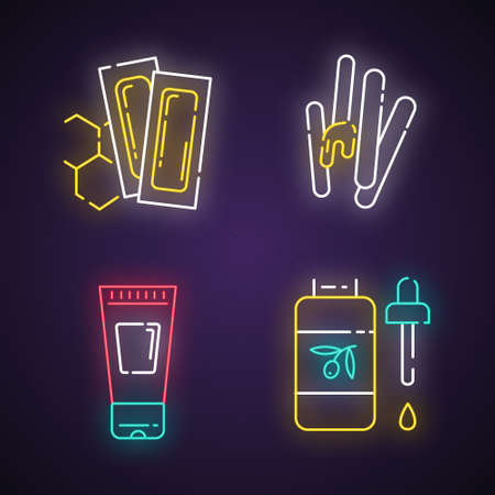 Waxing tools neon light icons set. Hot, soft wax strips with spatula. Hair removal equipment. Body lotion, oil for depilation. Beauty treatment. Glowing signs. Vector isolated illustrationsのイラスト素材