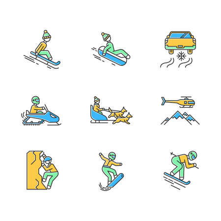 Extreme winter activity color icons set. Risky sport, adventure. Cold season outdoor leisure. Snowmobiling, ice climbing, sledding, snow tubing. People riding sleigh. Isolated vector illustrationsのイラスト素材