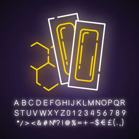 Waxing strips neon light icon. Natural, soft, honey wax. Body hair removal equipment. Tools for depilation. Glowing sign with alphabet, numbers and symbols. Vector isolated illustrationのイラスト素材