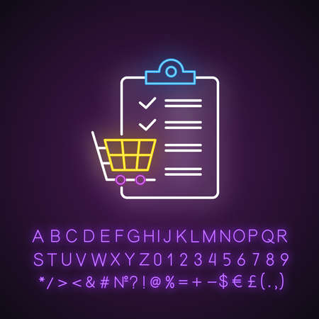 Shopping list neon light icon. Planning purchases in store. Merchandise and consumerism. Checklist writing. Glowing sign with alphabet, numbers and symbols. Vector isolated illustrationのイラスト素材