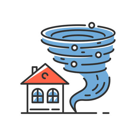 Tornado blue color icon. Twister spiral funnel approaching house. Cyclone dangerous for building. Extreme weather condition. Destructive hurricane. Storm. Typhoon. Isolated vector illustrationのイラスト素材