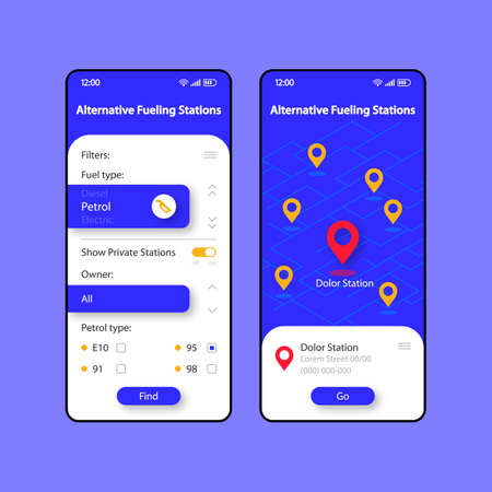Alternative fueling stations smartphone interface vector template set. Mobile app page blue and white design layout. Gas station map screen. Flat UI for application. Navigator. Phone displayのイラスト素材