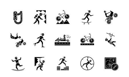 Extreme sports glyph icons set. Climbing, mountaineering. Spelunking. Cycling, rollerskating. Motorcar racing. Street culture. Orienteering skill. Silhouette symbols. Vector isolated illustrationのイラスト素材