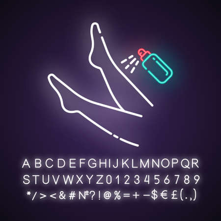 Leg spray neon light icon. Shin hair removal process step. Moisturizing, skin care after depilation. Beauty treatment. Glowing sign with alphabet, numbers and symbols. Vector isolated illustrationのイラスト素材