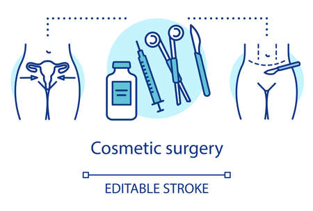 Cosmetic surgery concept icon. Medical equipment idea thin line illustration. Plastic surgical procedures. Aesthetic body. Healthcare, beauty. Vector isolated outline drawing. Editable strokeのイラスト素材
