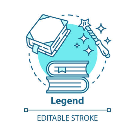 Legend concept icon. Storytelling idea thin line illustration. Fables, fiction, myths with magic literature elements. Fairy tales, fantasy books. Vector isolated outline drawing. Editable strokeのイラスト素材