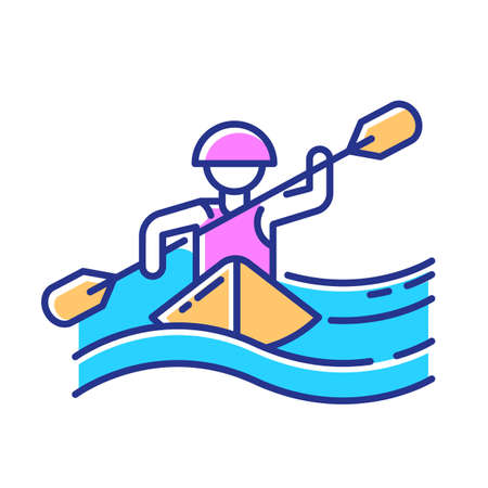Kayaking color icon. Canoeing watersport, extreme underwater kind of sport. Recreational outdoor activity and hobby. Risky and adventurous leisure on boat with puddle. Isolated vector illustrationのイラスト素材