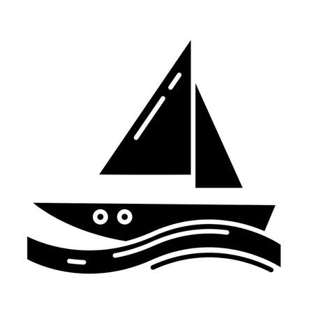 Sailing glyph icon. Watersport, extreme kind of sport. Yachting, swimming and navigation. Voyage, boat on ocean waves. Silhouette symbol. Negative space. Vector isolated illustrationの写真素材
