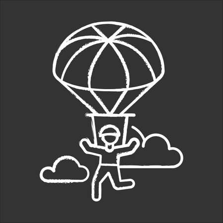 Parachuting chalk icon. Paragliding, paratrooping activity. Air extreme sport. Skydiving, hang gliding recreation. Flights in sky and jumps with parachute. Isolated vector chalkboard illustrationの写真素材