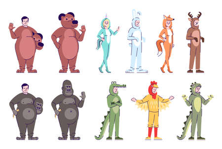 People wearing animal costumes flat vector illustrations set. Cartoon characters with outline elements isolated on white background. Bear, crocodile, gorilla, bunny Halloween outfitsの写真素材