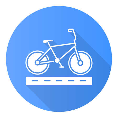 Track cycling blue flat design long shadow glyph icon. Bicycle on cycle lane. Time trialling. Roadway for cyclists. Bicycle racing. Cycling route. City cruiser. Vector silhouette illustrationの写真素材