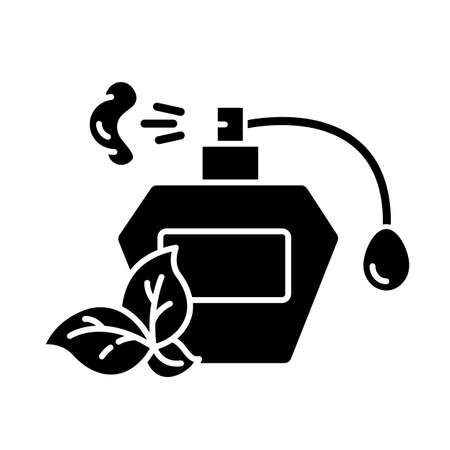 Perfume bottle glyph icon. Paraben free natural fragrance. Plant based scent. Personal care product. Hypoallergenic. Organic cosmetics. Silhouette symbol. Negative space. Vector isolated illustrationの写真素材