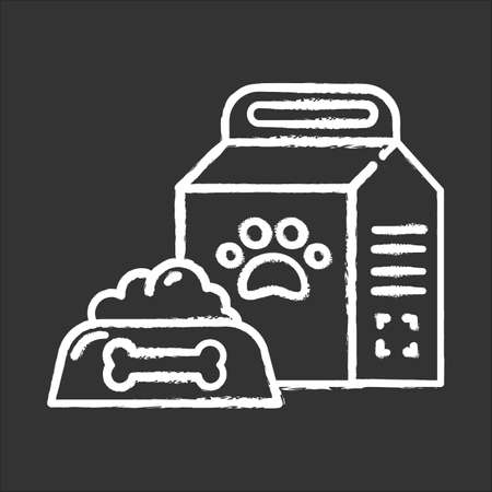 Pet supplies chalk icon. Animal food products in bowl and package. Treats for dogs and cats. E commerce department, online shopping categories. Isolated vector chalkboard illustrationの写真素材