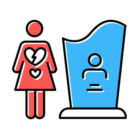 Maternal mortality color icon. Woman grieving, man death. Girl heartbroken. Death of partner, child. Funeral for significant other. Mourn family member. Grave tomb stone. Isolated vector illustrationの写真素材
