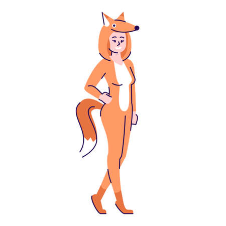 Woman dressed in fox costume flat vector illustration. Person dressing like animal. Girl in Halloween party outfit cartoon character with outline elements isolated on white backgroundの写真素材