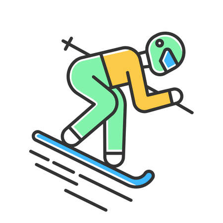 Skiing color icon. Winter extreme sport, risky activity and adventure. Cold seasonal outdoor dangerous leisure and hobby. Skier downhill freestyle ride. Isolated vector illustrationのイラスト素材
