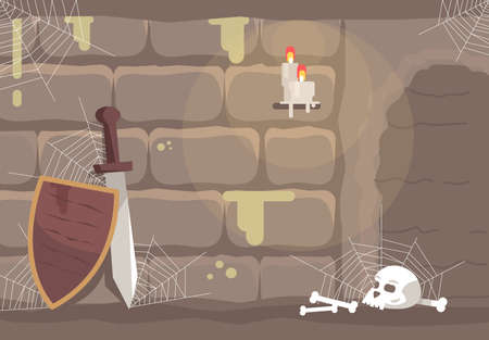Historical quest room flat vector illustration. Escape room interior with human skull, sword and shield. Searching solution, mystery investigation, solving puzzle. Medieval themed logic gameのイラスト素材