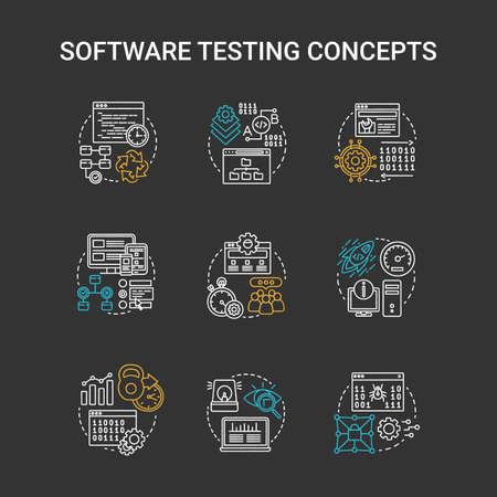Software testing chalk concept icons set. idea. System perfomance verification idea thin line illustrations. Program development stages. Reliability, stability. Vector isolated chalkboard illustrationのイラスト素材