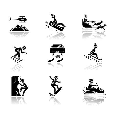 Extreme winter activity drop shadow black glyph icons set. Risky sport, adventure. Cold season outdoor leisure. Snowmobiling, ice climbing, sledding, snow tubing. Isolated vector illustrationsのイラスト素材