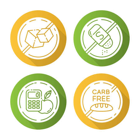 Product free ingredient flat design long shadow glyph icons set. No sugar, salt, calories, carb. Organic food, healthy eating. Dietary without allergens. Balanced meals. Vector silhouette illustrationのイラスト素材