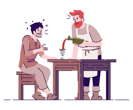 Medieval tavern with peasants flat vector illustration. Owner and visitor drinking wine in ancient pub isolated cartoon characters with outline elements on white background. Fairytale personagesのイラスト素材