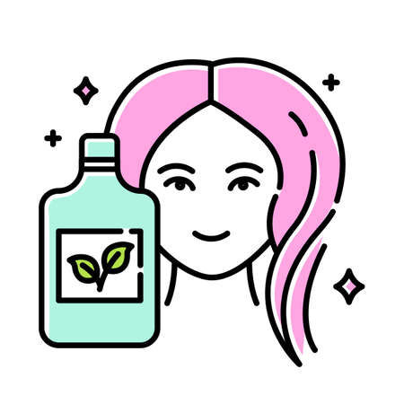 Natural shampoo bottle color icon. SLS, paraben free hair care product. Hygiene. Hypoallergenic, botanical based. Organic cosmetics. Isolated vector illustrationのイラスト素材