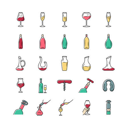 Wine and wine glasses icons set. Different types of glassware and alcohol beverages. Decanters, bottles, barman tools. Aperitif drinks, cocktails. Isolated vector illustrationsのイラスト素材