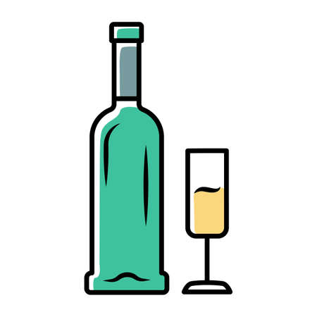 Open bottle and glass of champagne icon. Wine service. Sparkling wine. Aperitif, alcohol beverage, drink. Bar, restaurant glassware, winery, wineglass. Isolated vector illustrationのイラスト素材