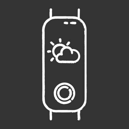 Fitness device with weather forecast function chalk icon. Portable active lifestyle gadget with meteorology indicator on display. Cloud and sun pictogram. Isolated vector chalkboard illustrationのイラスト素材