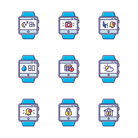 Fitness tracker functions color icons set. Wristband smartwatch capabilities and wellness services. Scheduling events, sleep timer, weather forecast, notifications. Isolated vector illustrationsのイラスト素材