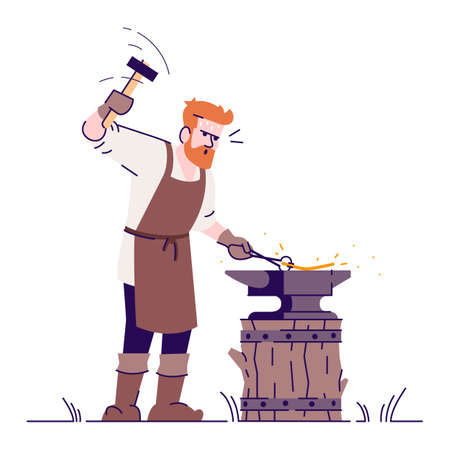 Medieval blacksmith flat vector illustration. Smith working with hammer and anvil isolated cartoon character with outline elements on white background. Historical, fairytale craftsmanのイラスト素材