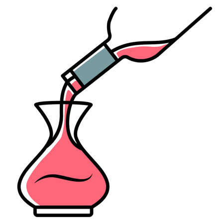 Dessert wine decantering pink color icon. Alcohol beverage pouring in decanter. Aperitif drink bottle. Barman, sommelier, winery. Bar, restaurant. Party, celebration. Isolated vector illustrationのイラスト素材