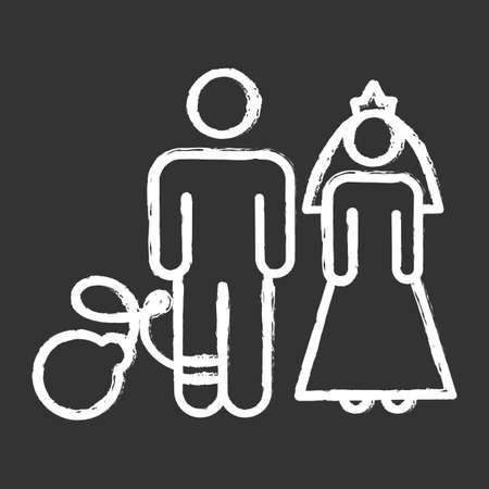 Forced marriage chalk icons set. Woman and man, groom and bride. Forcible wedlock. Compulsory marriage. Female, male rights. Relationship with no consent. Isolated vector chalkboard illustrationsのイラスト素材