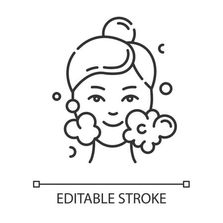 Water face cleanser linear icon. Skin care procedure. Beauty treatment. Foam, bubbles. Cleansing, moisturizing. Thin line illustration. Contour symbol. Vector isolated outline drawing. Editable strokeのイラスト素材