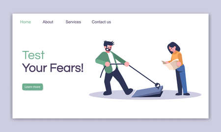 Test your fears landing page vector template. Friends in escape room website interface idea with flat illustrations. Searching exit homepage layout. Quest room web banner, webpage cartoon conceptのイラスト素材