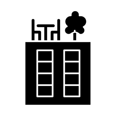 Rooftop deck glyph icon. Panoramic terrace. Luxurious penthouse balcony. Garden space on roof. Sky park lounge zone. Outdoor area. Silhouette symbol. Negative space. Vector isolated illustrationのイラスト素材