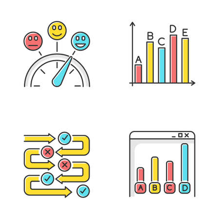 Survey color icons set. Satisfaction level. Evaluation scale. Assessment meter. Statistics analysis. Questioning process. Correct and wrong. Online data collection. Isolated vector illustrationsのイラスト素材