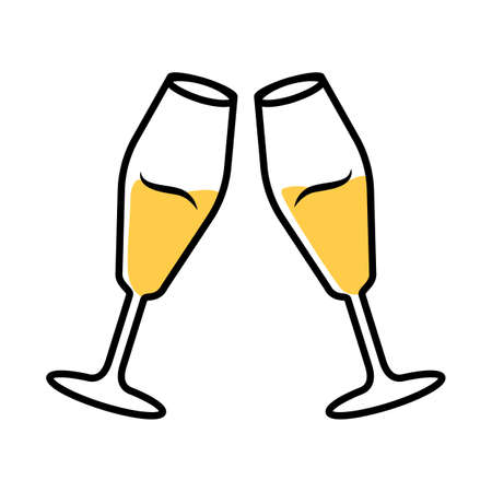 Two clinking glasses with white wine color icon. Champagne tulip flute. Glassfuls of alcohol beverage. Wine service. Celebration. Wedding. Cheers. Tasting, degustation. Isolated vector illustrationのイラスト素材