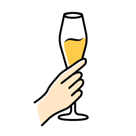 Hand holding tulip glass of white wine color icon. Champagne flute. Glassful of alcohol drink. Wine service. Celebration, party. Wedding. Cheers. Tasting, degustation. Isolated vector illustrationのイラスト素材