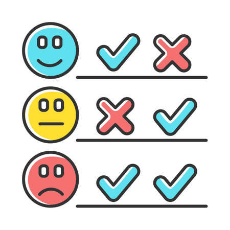 Checklist color icon. Choosing option. Good, bad, neutral experience. Voting. Check list. Agree, disagree. Satisfaction level. Positive, negative. Multiple opinions. Isolated vector illustrationのイラスト素材