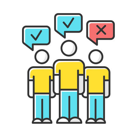 Mass survey color icon. Social opinion, public poll. People voting. Agree and disagree. Correct and incorrect. Approve and disapprove. Positive, negative feedback. Isolated vector illustrationのイラスト素材