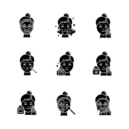 Skin care procedures glyph icons set. Spot treatment for acne and blackheads. Applying sunscreen. Mosturizing face cleanser. Thermal mask. Silhouette symbols. Vector isolated illustrationのイラスト素材