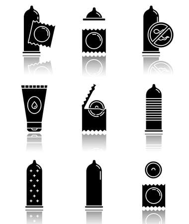 Safe sex drop shadow black glyph icons set. Male contraceptive. Female condoms. Unplanned pregnancy prevention. Birth control. Sexually transmitted infections protection. Isolated vector illustrationsのイラスト素材