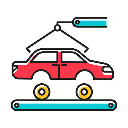 Automotive industry color icon. Car production. Vehicle factory. Automobile repair and fix services. Auto facility with crane and conveyor. Machinery, maintenance. Isolated vector illustrationのイラスト素材