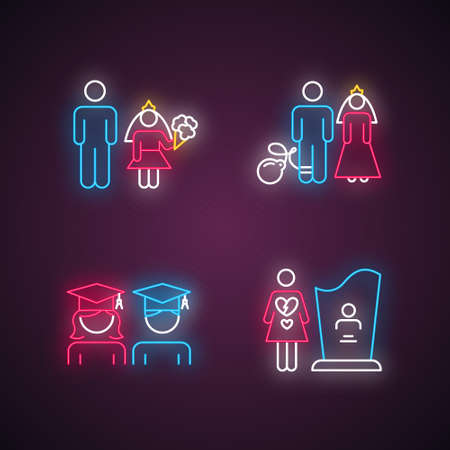 Gender equality neon light icons set. Child marriage. Education equality. Forced marriage. College graduate. Maternal mortality. Death, grieving. Glowing signs. Vector isolated illustrationsのイラスト素材