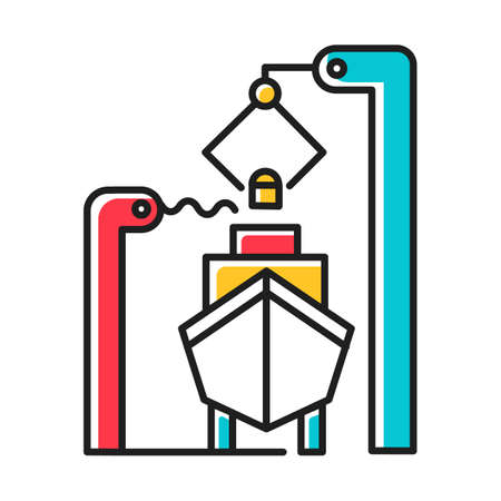 Shipbuilding industry color icon. Boat mechanical maintenance. Ship fixing and repairing. Nautical vehicle technical construction. Professional engineering equipment. Isolated vector illustrationのイラスト素材