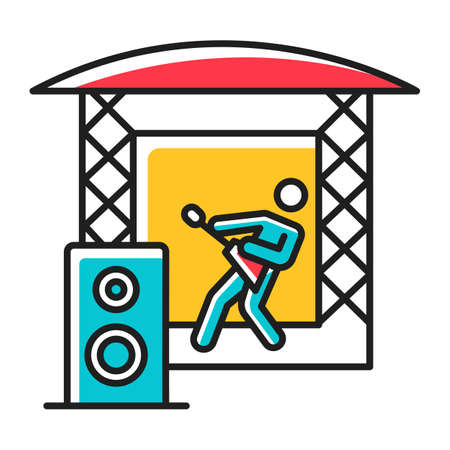 Music industry yellow color icon. Concert agency. Rock, pop festival. Open air musical performance. Musician with guitar on stage. Sound party. Entertainment production. Isolated vector illustrationのイラスト素材