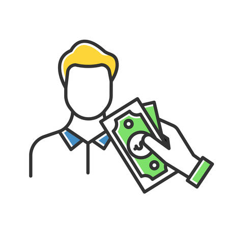 Borrowing cash color icon. Lending money. Pay for credit, loan. Man taking dollar banknotes. Managing finances and personal budget account. Economy industry. Isolated vector illustrationのイラスト素材