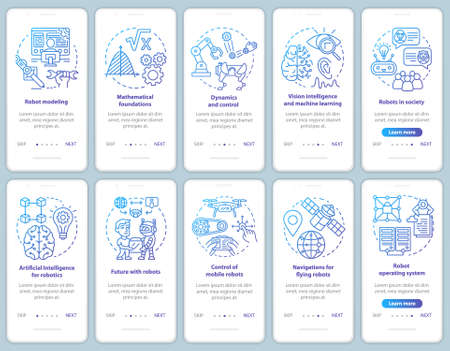 Robotics courses onboarding mobile app page screen vector template set. Modeling, development of robots. Walkthrough website steps with linear illustrations. UX, UI, GUI smartphone interface conceptのイラスト素材