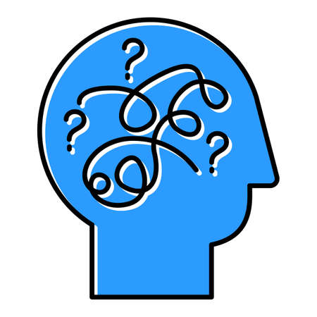 Puzzled mind blue color icon. Mental exercise, challenge. Ingenuity, intelligence test. Critical thinking. Brain teaser. Logic questions. Solution finding porcess. Isolated vector illustrationのイラスト素材